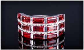 Red Garnet Wide Band Ring, three rows of five baguette cut garnets, totalling 8.