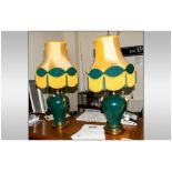 A Pair Of Green Glazed Shaped Pottery Lamps with gilt metal handles & base with a matching silk