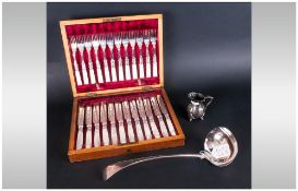 Set Of 24 Mother Of Pearl Handled Fruit Knives And Forks In Red Lined Mahogany Case. Together With A