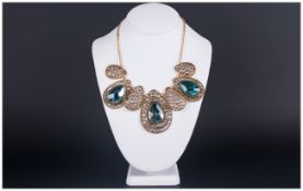 Sea Blue Crystal Piece and Antique Gold Metal Statement Necklace,