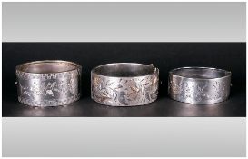 Broad Silver Hinged Bangle, Raised And Engraved Foliate Decoration To The Front, Fully Hallmarked