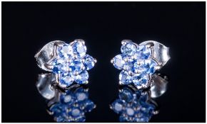 Tanzanite Flower Stud Earrings, fourteen round cut stones of the single source gemstone, tanzanite,