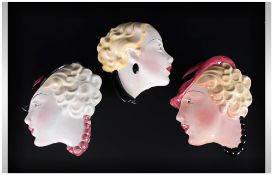 Art Deco Hand Painted Wall Face Masks By Cope & Co. 3 Wall Masks In Total #13. 7.5 & 7" in height.