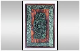 Aztec Ceramic Wall Tile In A Green Glaze Depicting mythological figures and animal,