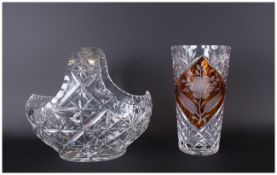 A Good Quality and Heavy Cut Crystal Glass Vase, with Floral Decoration to Central Panel,