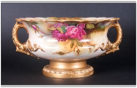 Royal Worcester Hand Painted Twin Handle Centre Piece Bowl ' Roses ' Signed W. H. Austin. Date 1912.