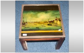 Small Mahogany Coffee Table Brass Mounted Glass Top Showing An Image Showing A View Of The Thames.