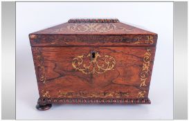 A Regency Inlaid Rosewood Hinge Lidded Tea Caddy Of Sarcophagus Shape,