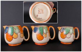 Wades - Clarice Cliff Style Painted Trio of Art Deco Graduated Jugs   ' Melons ' Pattern.
