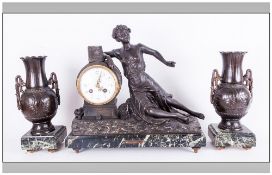 French 19th Century Fine & Impressive Figural Garniture Clock Set Mounted on marble bases.