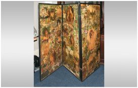 19thC Black Lacquered Framed Folding Three Panel Screen decorated throughout with Victorian dated