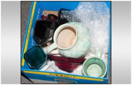 Boxed Lot of Items including glass ware, advertising jug,