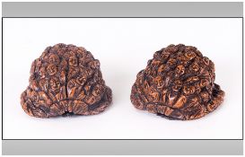 Antique Chinese Carved Walnut Shell, Finely Carved with a Hundred Buddahs In Two Pieces, Ching
