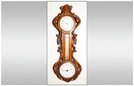 Antique English Highly Carved Oak Cased Clock/Barometer with thermometer Circa 1900-1910.