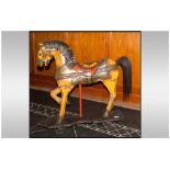 Carved & Painted Wooden Horse On Platform Base with wheels, with a horse hair tail, paint work worn,