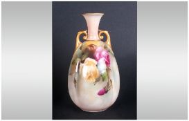 Royal Worcester Hand Painted Ribbed Twin Handle Vase 'Roses' Still Life, Date 1910. 6.5" in height..
