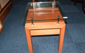 Contemporary Design Oak Venered Glass Topped Side Table with chrome attachments