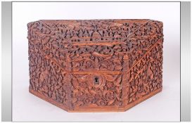 Indian Antique Colonial Triangular Shaped Carved Wooden Box Of The Finest Carving, depicting monkeys
