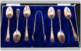 Edwardian Boxed Set of Six Silver Spoons and Matching Sugar Nips. Hallmark Sheffield 1912. Maker J.