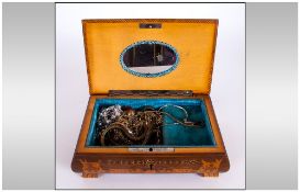 An Ornate Decorated Vintage Musical Jewellery Box with a Quantity of Gold Plated Chains and