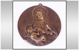 Bronze Roundel Wall Plaque Of The Madonna & Child signed by Polish Artist B.