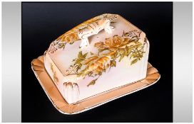 Victorian Staffordshire Pottery Cheese Dish with floral decoration. Makers mark to base.