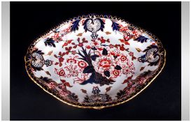Royal Crown Derby Shaped Bowl with Hand Painted Gilt Finish Blue and Iron Red Coloured on White