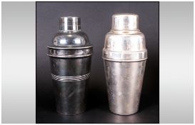 Art Deco Silvered Metal Cocktail Shakers Of Cylindrical Tapering Body Form, one impressed Bonzer.40,