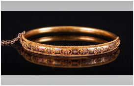 Early Victorian - Fine 15ct Gold Hinged Bangle with Very Fine Raised Decoration and Rope Boarder.