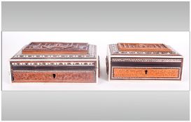 Indian Sadeliware Antique Jewellery Caskets, finely carved to the lids with the Tah Mahal with Ivory
