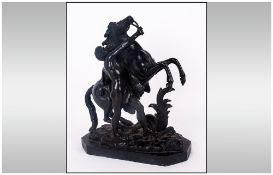 Antique Bronze Figure of a Marly Horse with a Classical Figure, of Fine Patination on Black Marble