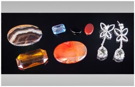 Four  Various Agate Ovals,  two other octagon cut pieces and a pair of silver mounted gemstone