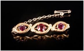 Antique 9ct Gold Fine 3 Stone Garnet Brooch, with safety chain. Bought from Russells 18 Church St,