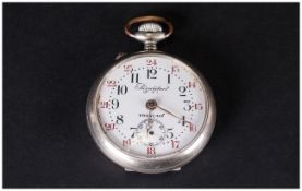 French - 1930's Nickel Cased Military Regulateur Open Faced Pocket Watch with Enamel Dial. Marked to