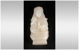 Chinese White Jade Carving Pendant Of Quan Yin Holding A Vase In Her Hand cord holes to top of the