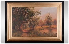 John Lewis - Active Early 19th Century, Deer In a Woodland Setting Oil on Canvas. Signed and Framed.