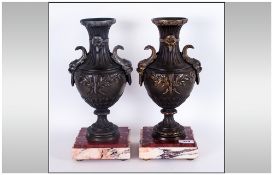 Pair of French Stylised Metal Patinated Urns with Dolphin Handles, Decorated to the Body with a