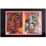 21st Century Artist Robert Haworth Pair Of Acrylic Abstract Paintings. 13x17''