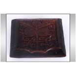 Unusual Antique Irish Bog Oak Tobacco Box, The Lid Carved With a Shamrock Device with Symbols,