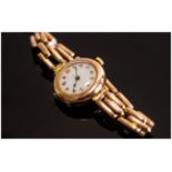 Ladies 9ct Gold Wristwatch, White Porcelain Dial With Arabic Numerals, 9ct Gold Expanding Bracelet