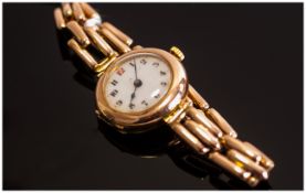 Ladies 9ct Gold Wristwatch, White Porcelain Dial With Arabic Numerals, 9ct Gold Expanding Bracelet