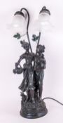 Decorative Table Lamp, with the base depicting two ladies, one with basket on her arm. Bronzed