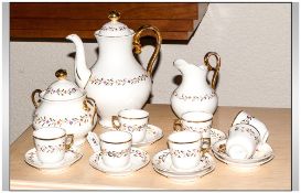 Continental Tea Set, White with Gilt & Pink Leaf Bands, comprising cups, saucers, tea pot, milk