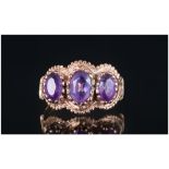 Antique Style 3 Stone Set Amethyst Ladies Ring. Hallmark Edinburgh 1979. The Amethyst of Excellent