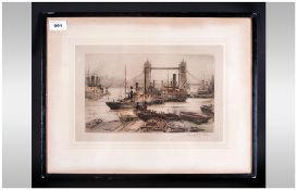 Tower Bridge Coloured Etching Of Ships In The Pool Of London, pencil signed to the margins by