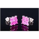Ruby Square Stud Earrings, each stud of 1ct, the four square cut rubies set closely with one central
