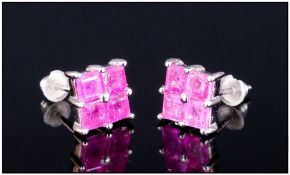 Ruby Square Stud Earrings, each stud of 1ct, the four square cut rubies set closely with one central
