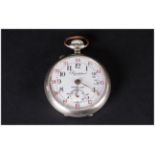 French - 1930's Nickel Cased Military Regulateur Open Faced Pocket Watch with Enamel Dial. Marked to