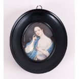 French Oval Antique Miniature Painted On Ivory Of A Semi Clad Maiden In The Classical Style, wearing