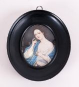 French Oval Antique Miniature Painted On Ivory Of A Semi Clad Maiden In The Classical Style, wearing
